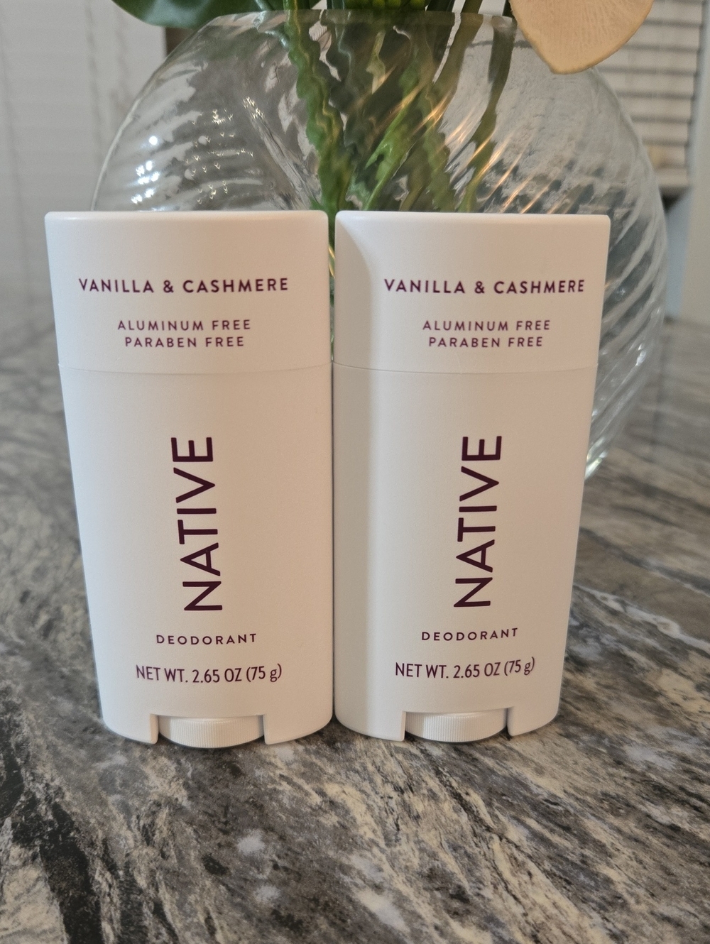 2× Native Vanilla & Cashmere Deodorant Sticks — White with Plum Text (Pair)